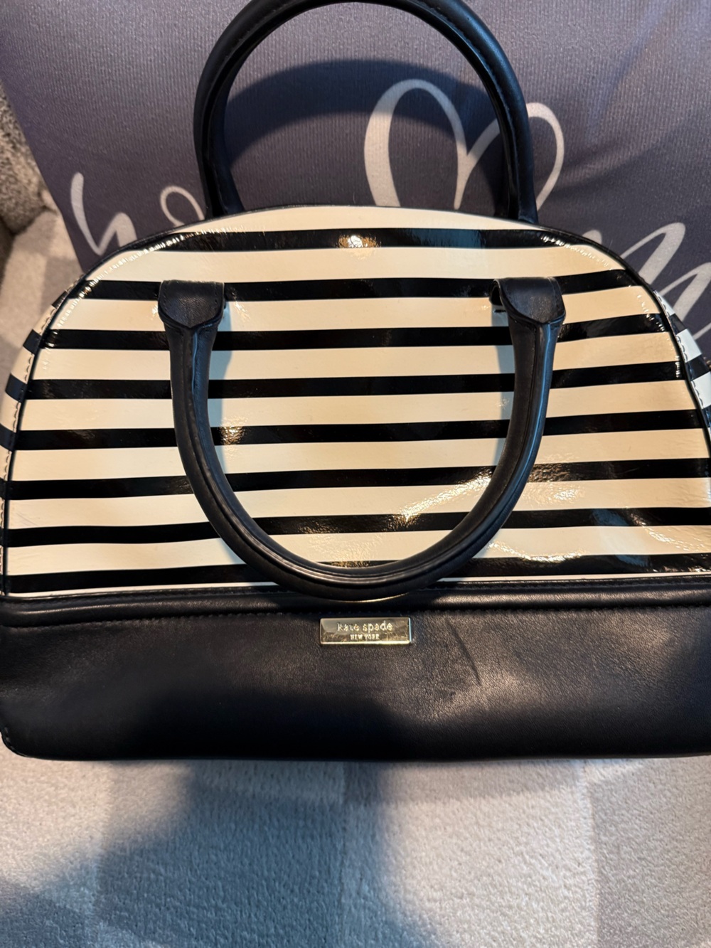 kate spade Black and White Striped Dome Satchel with Black Trim